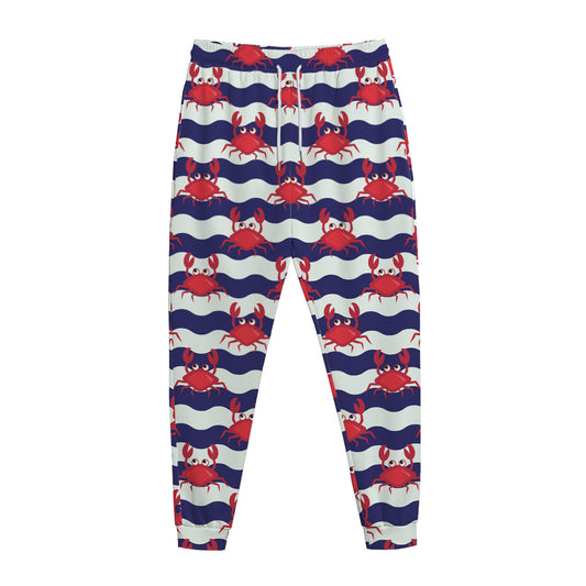Blue And White Wave Crab Pattern Print Jogger Pants
