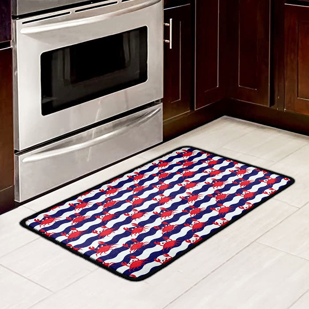 Blue And White Wave Crab Pattern Print Kitchen Mat