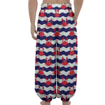 Blue And White Wave Crab Pattern Print Lantern Pants