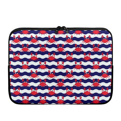 Blue And White Wave Crab Pattern Print Laptop Sleeve