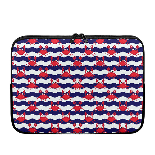 Blue And White Wave Crab Pattern Print Laptop Sleeve
