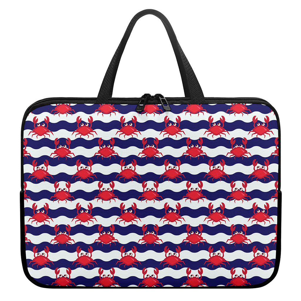 Blue And White Wave Crab Pattern Print Laptop Sleeve With Handle