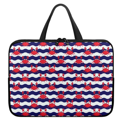 Blue And White Wave Crab Pattern Print Laptop Sleeve With Handle