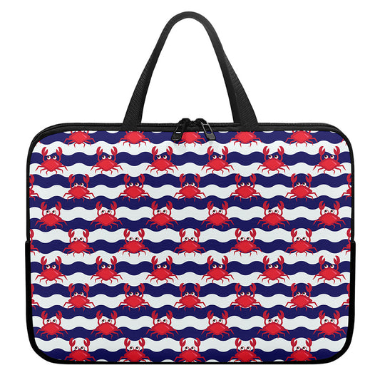 Blue And White Wave Crab Pattern Print Laptop Sleeve With Handle