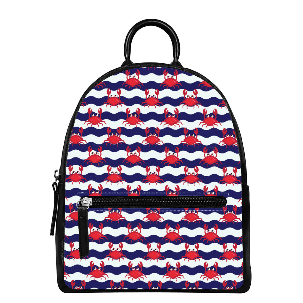 Blue And White Wave Crab Pattern Print Leather Backpack