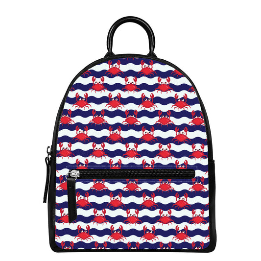 Blue And White Wave Crab Pattern Print Leather Backpack