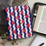 Blue And White Wave Crab Pattern Print Leather Bible Cover