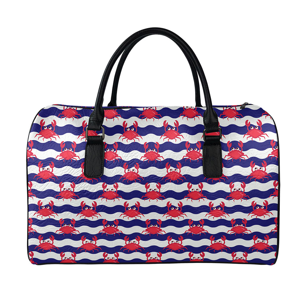 Blue And White Wave Crab Pattern Print Leather Duffle Bag