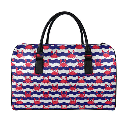 Blue And White Wave Crab Pattern Print Leather Duffle Bag