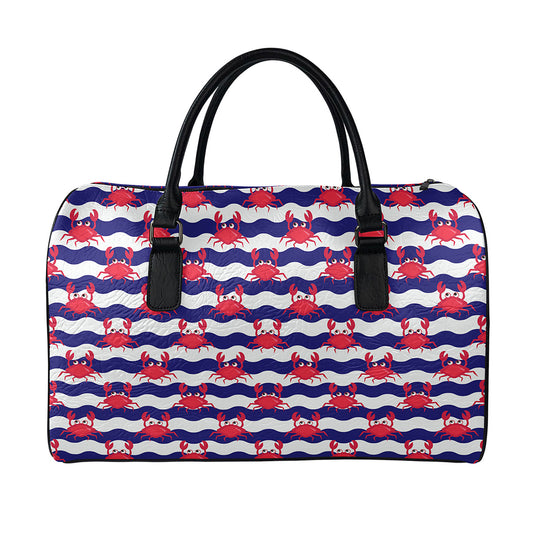 Blue And White Wave Crab Pattern Print Leather Duffle Bag