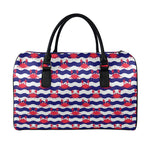Blue And White Wave Crab Pattern Print Leather Duffle Bag