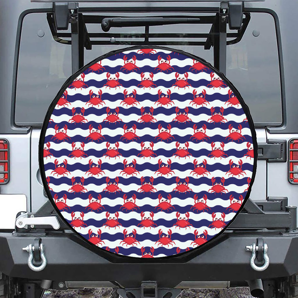Blue And White Wave Crab Pattern Print Leather Spare Tire Cover