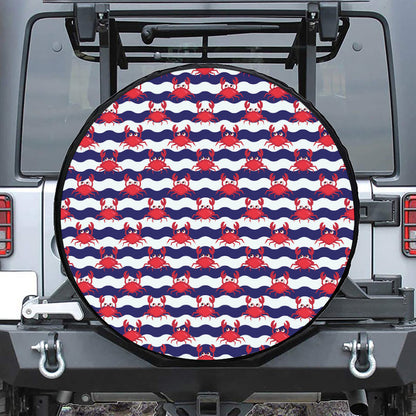 Blue And White Wave Crab Pattern Print Leather Spare Tire Cover