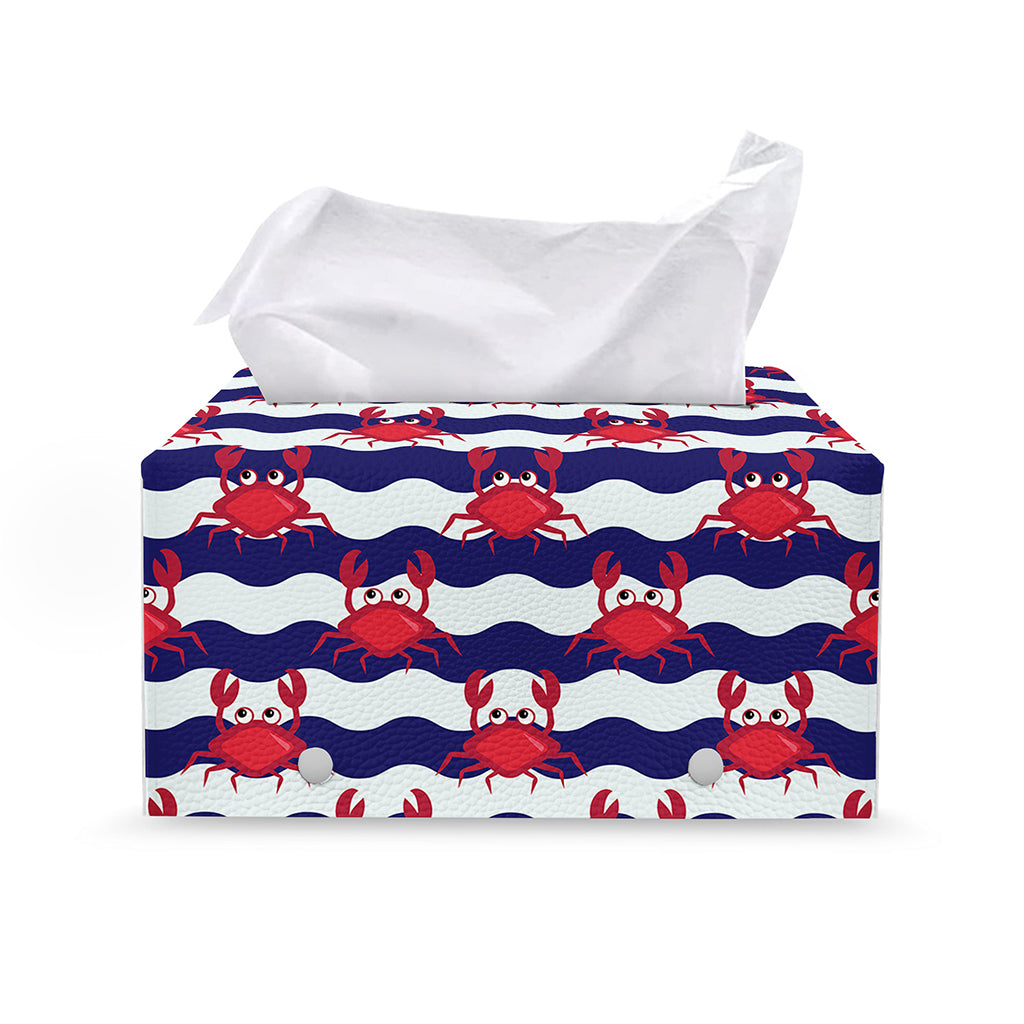 Blue And White Wave Crab Pattern Print Leather Tissue Box Cover