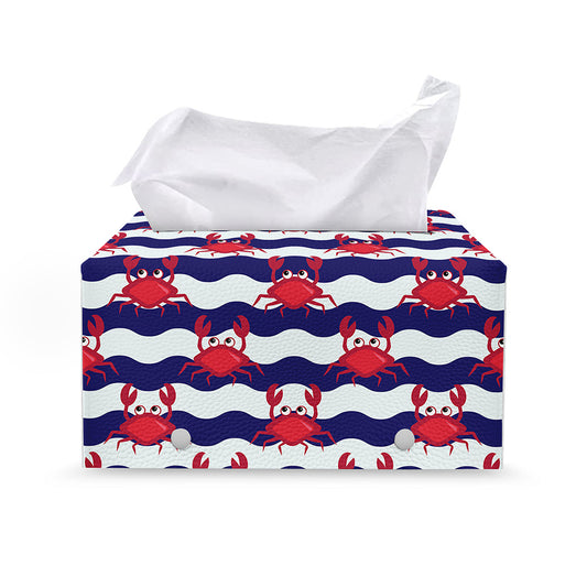 Blue And White Wave Crab Pattern Print Leather Tissue Box Cover