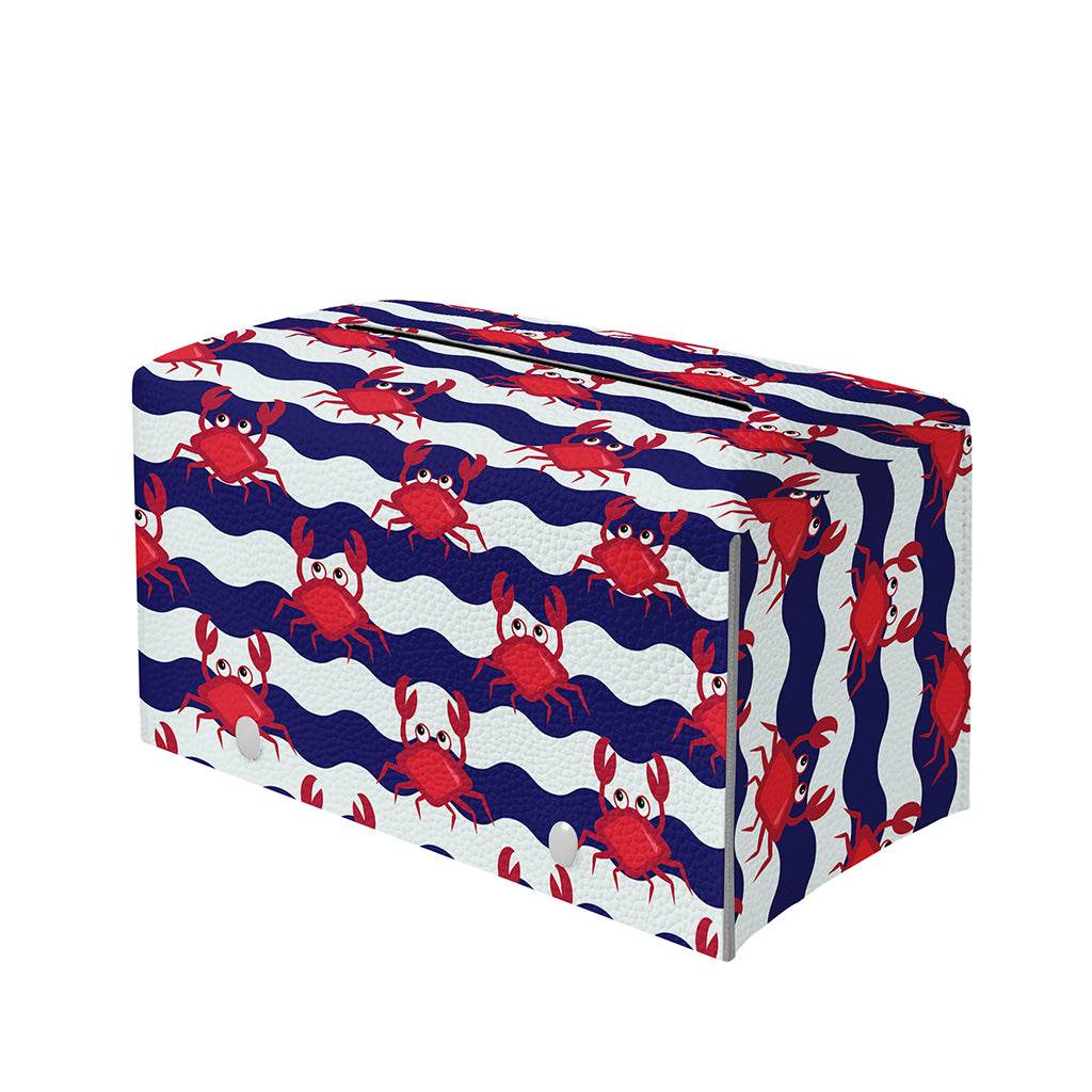 Blue And White Wave Crab Pattern Print Leather Tissue Box Cover