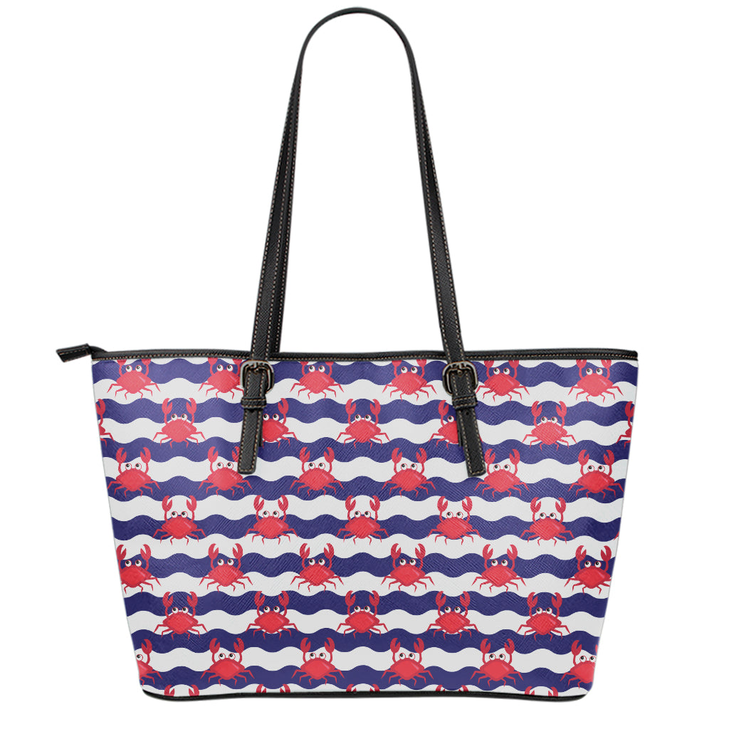 Blue And White Wave Crab Pattern Print Leather Tote Bag
