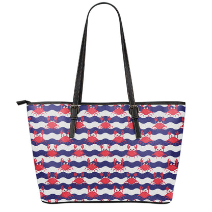 Blue And White Wave Crab Pattern Print Leather Tote Bag