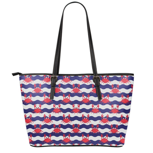 Blue And White Wave Crab Pattern Print Leather Tote Bag