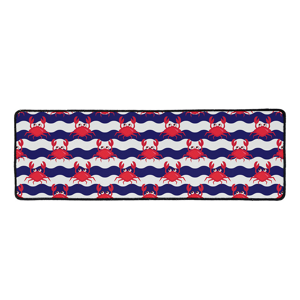 Blue And White Wave Crab Pattern Print Long Kitchen Mat