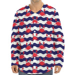 Blue And White Wave Crab Pattern Print Long Sleeve Baseball Jersey