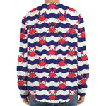 Blue And White Wave Crab Pattern Print Long Sleeve Baseball Jersey