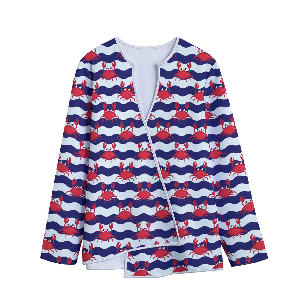 Blue And White Wave Crab Pattern Print Long Sleeve Short Coat