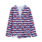 Blue And White Wave Crab Pattern Print Long Sleeve Short Coat