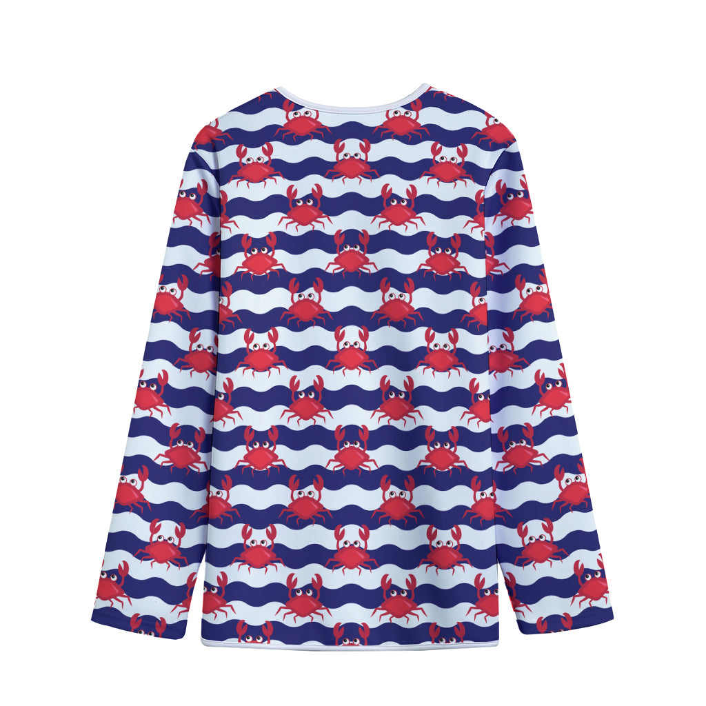 Blue And White Wave Crab Pattern Print Long Sleeve Short Coat