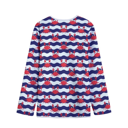 Blue And White Wave Crab Pattern Print Long Sleeve Short Coat