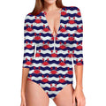 Blue And White Wave Crab Pattern Print Long Sleeve Swimsuit