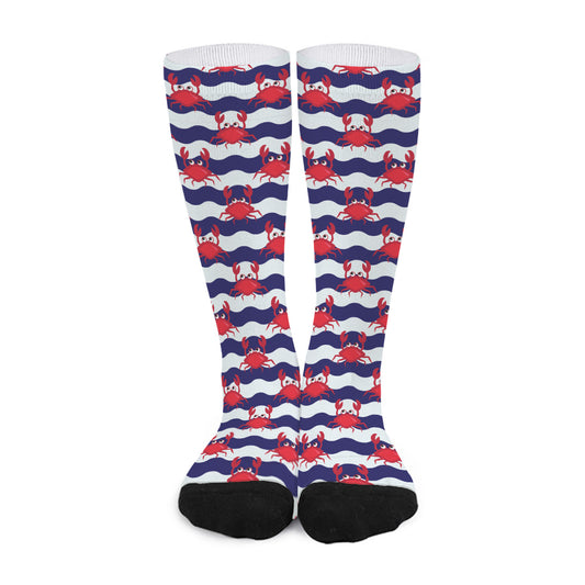 Blue And White Wave Crab Pattern Print Long Socks