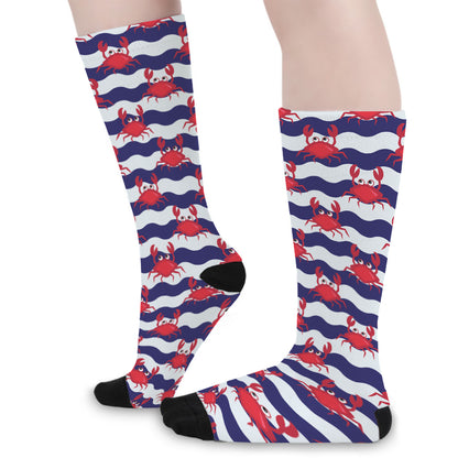 Blue And White Wave Crab Pattern Print Long Socks