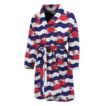Blue And White Wave Crab Pattern Print Men's Bathrobe