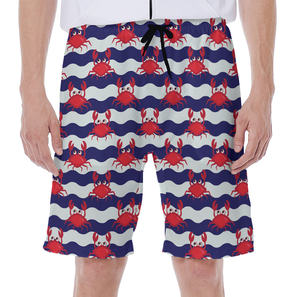 Blue And White Wave Crab Pattern Print Men's Beach Shorts
