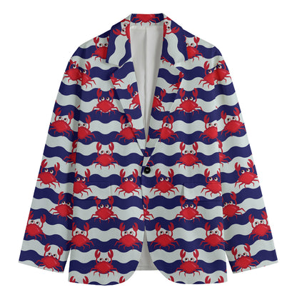 Blue And White Wave Crab Pattern Print Men's Blazer