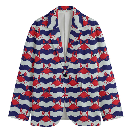 Blue And White Wave Crab Pattern Print Men's Blazer