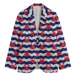 Blue And White Wave Crab Pattern Print Men's Blazer