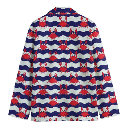 Blue And White Wave Crab Pattern Print Men's Blazer