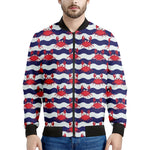 Blue And White Wave Crab Pattern Print Men's Bomber Jacket