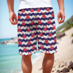 Blue And White Wave Crab Pattern Print Men's Cargo Shorts