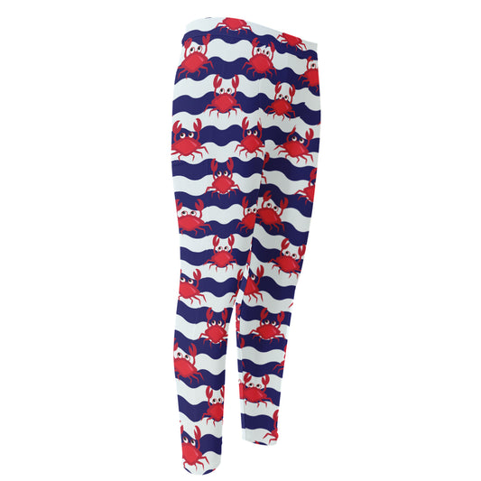 Blue And White Wave Crab Pattern Print Men's Compression Pants