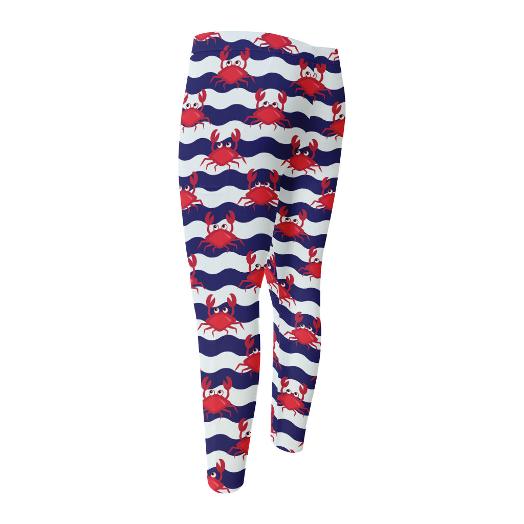 Blue And White Wave Crab Pattern Print Men's Compression Pants
