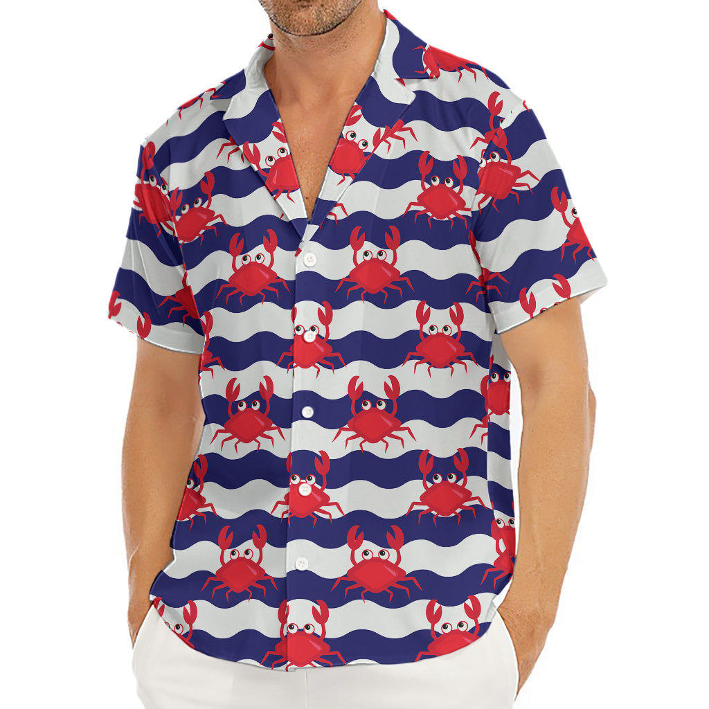 Blue And White Wave Crab Pattern Print Men's Deep V-Neck Shirt