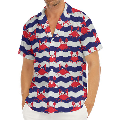 Blue And White Wave Crab Pattern Print Men's Deep V-Neck Shirt