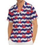 Blue And White Wave Crab Pattern Print Men's Deep V-Neck Shirt