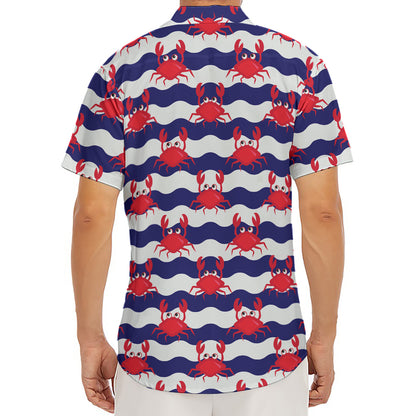 Blue And White Wave Crab Pattern Print Men's Deep V-Neck Shirt