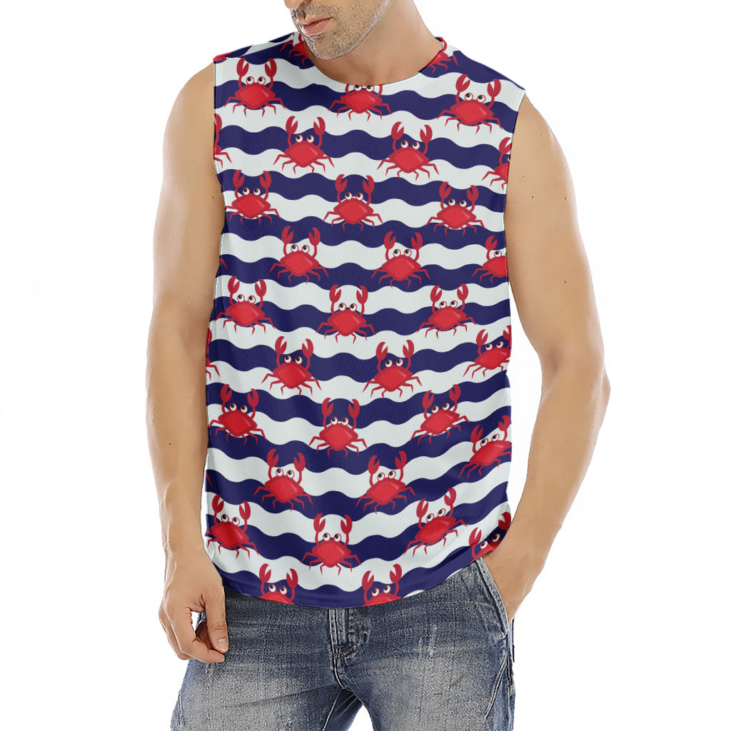 Blue And White Wave Crab Pattern Print Men's Fitness Tank Top