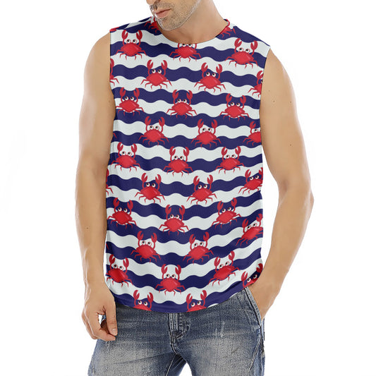 Blue And White Wave Crab Pattern Print Men's Fitness Tank Top