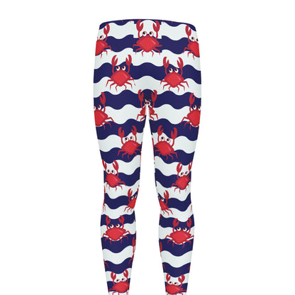 Blue And White Wave Crab Pattern Print Men's leggings